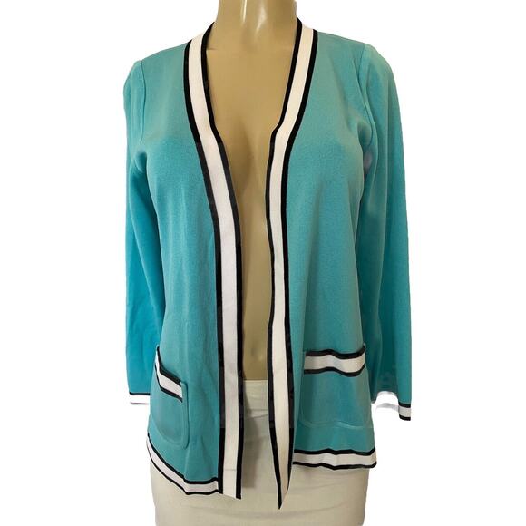 Exclusively Misook Open Jacket Cardigan Sweater Long Sleeve Knit Blue Wh… - Picture 1 of 4